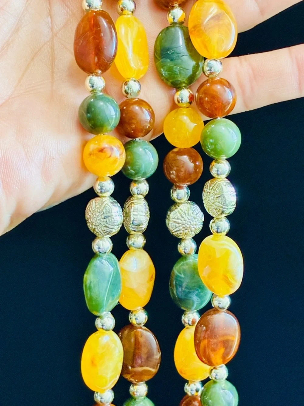 VTG Multi-Strand Amber, Green & Brown Beaded Necklace Earthy Natural Tones EUC